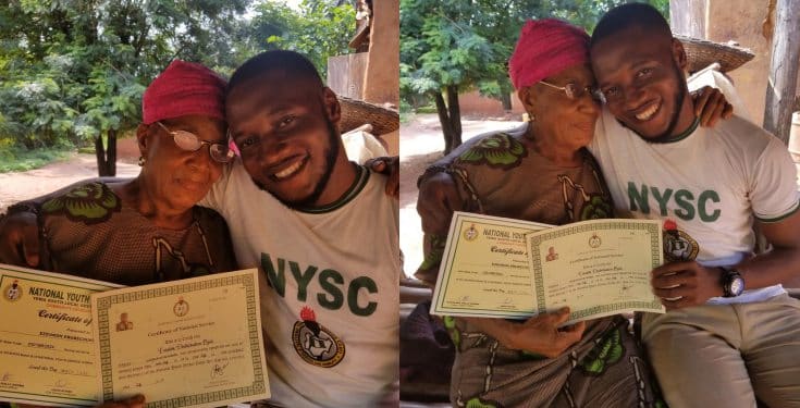 Corps member thanks his mum after receiving his NYSC discharge certificate (photos)