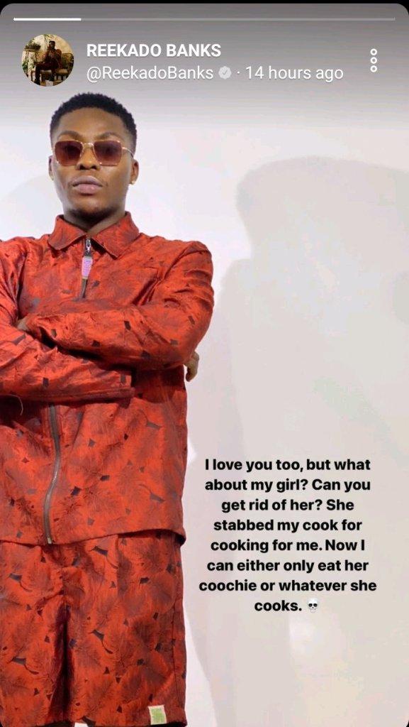 Reekado Banks narrates how his girlfriend stabbed his chef for cooking for him