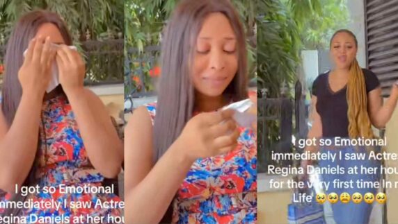 "I almost had heart attack" – Lady tears up as she sees Regina Daniels for first time (Video)