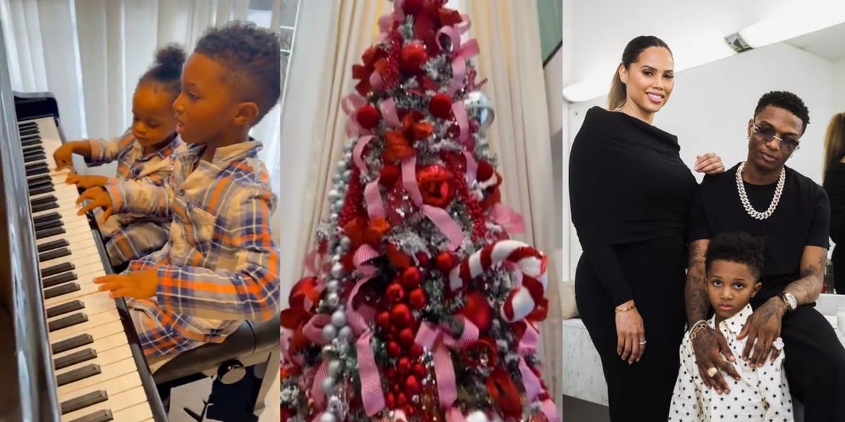 "Merry Christmas" - Wizkid's baby mama shares a video of kids singing and playing piano after putting up Christmas tree