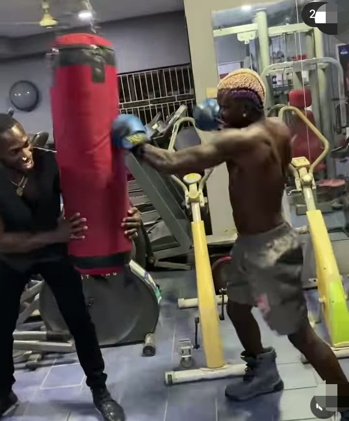 "Charles go dey shake now" – Reactions as Portable goes berserk on a boxing bag as he trains against his match with Charles Okocha