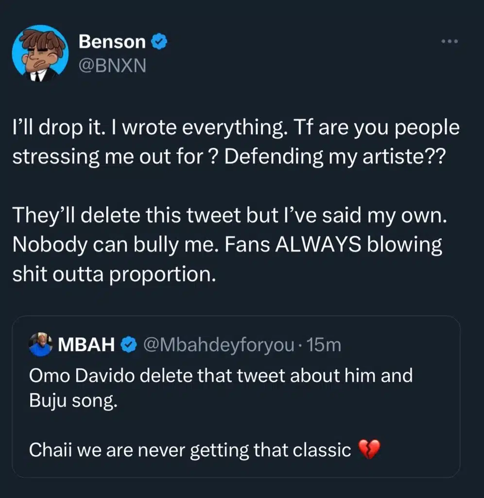 “I wrote the classic and I’ll still drop it” — BNXN blows hot as Davido deletes his tweet about their unreleased song 